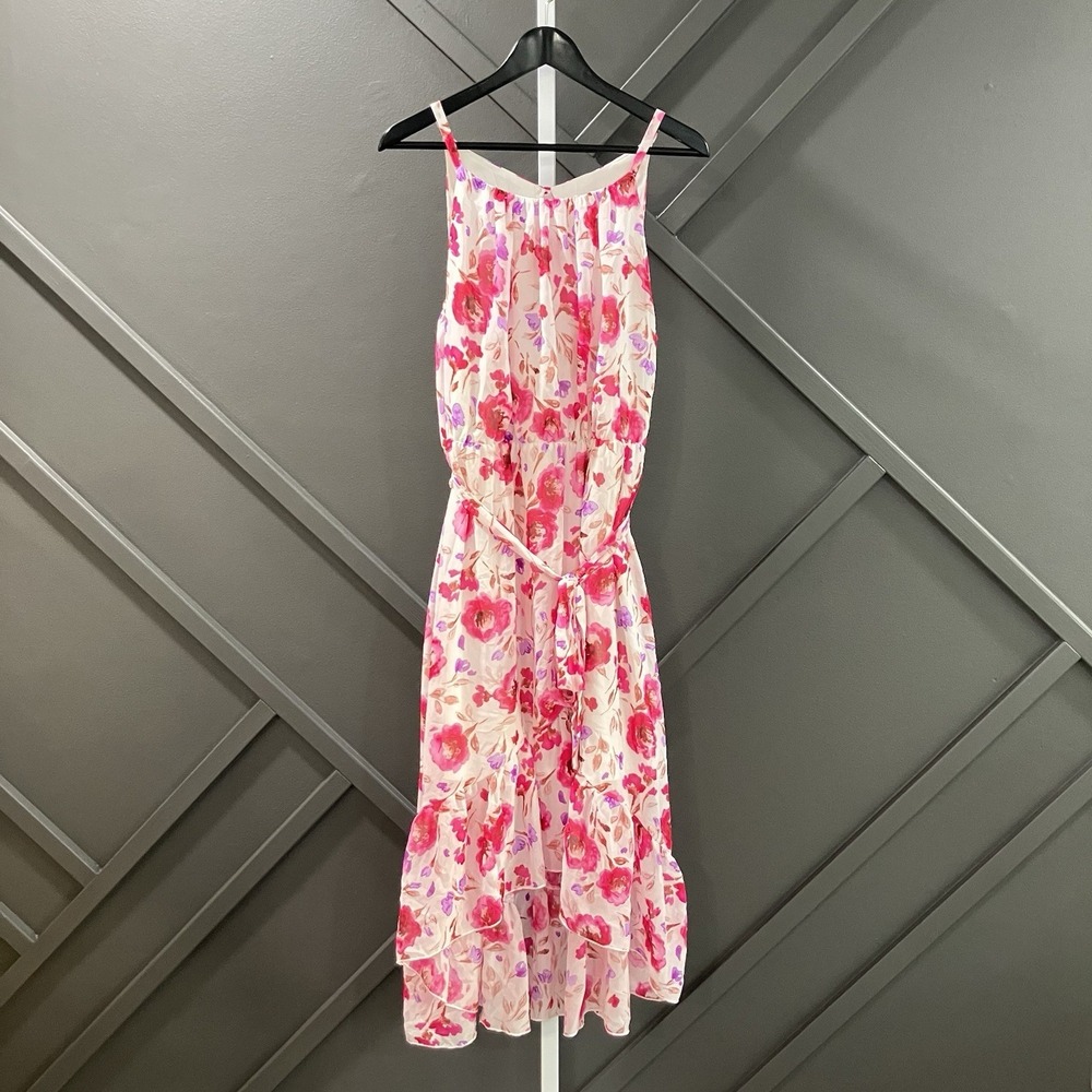Lynn Ryan Floral Midi Dress Womens Size 1X Pink Sleeveless Tie Waist Ruffle Hem